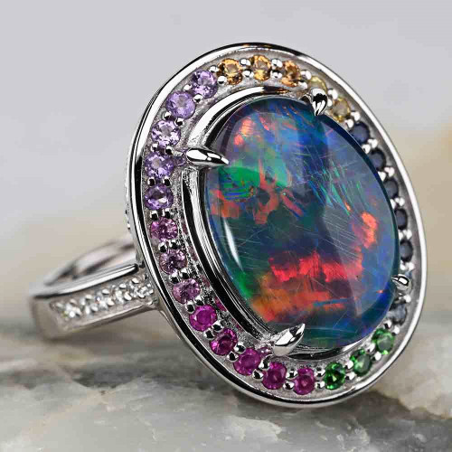 DELICIOUS DARLING 14KT WHITE GOLD & DIAMOND AUSTRALIAN OPAL RING